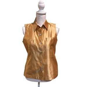 Katherine Kelly Collection 100% Silk Sleeveless Button Front Blouse Gold Size 6